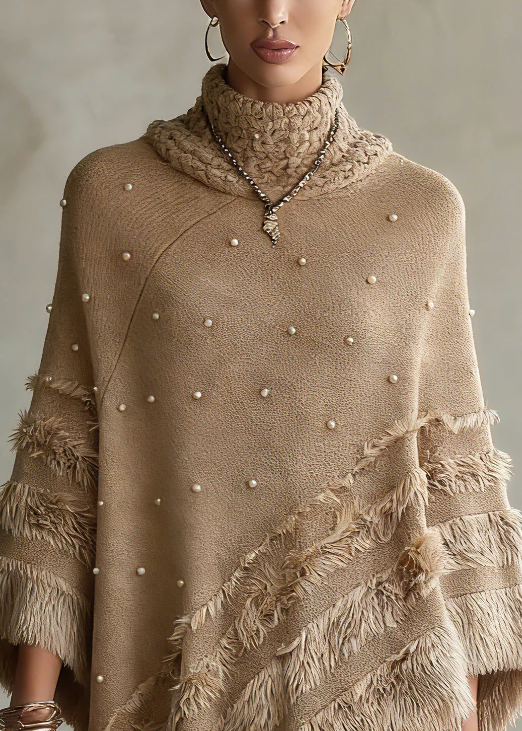 Classy Khaki Asymmetrical Nail Bead Cotton Knit Sweaters Spring - Image 2