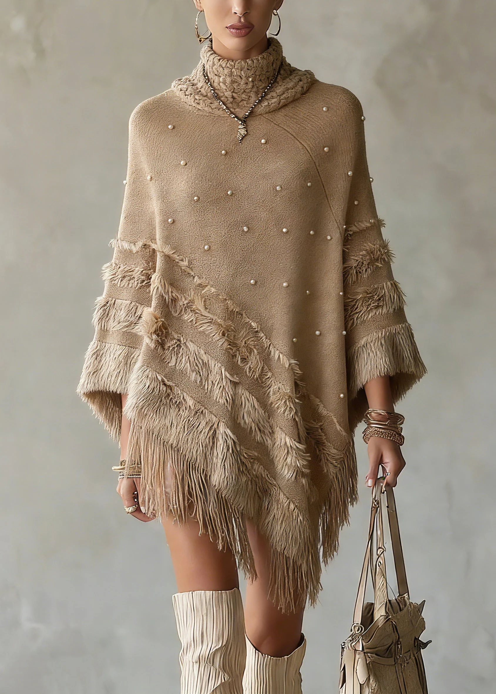 Classy Khaki Asymmetrical Nail Bead Cotton Knit Sweaters Spring - Image 3