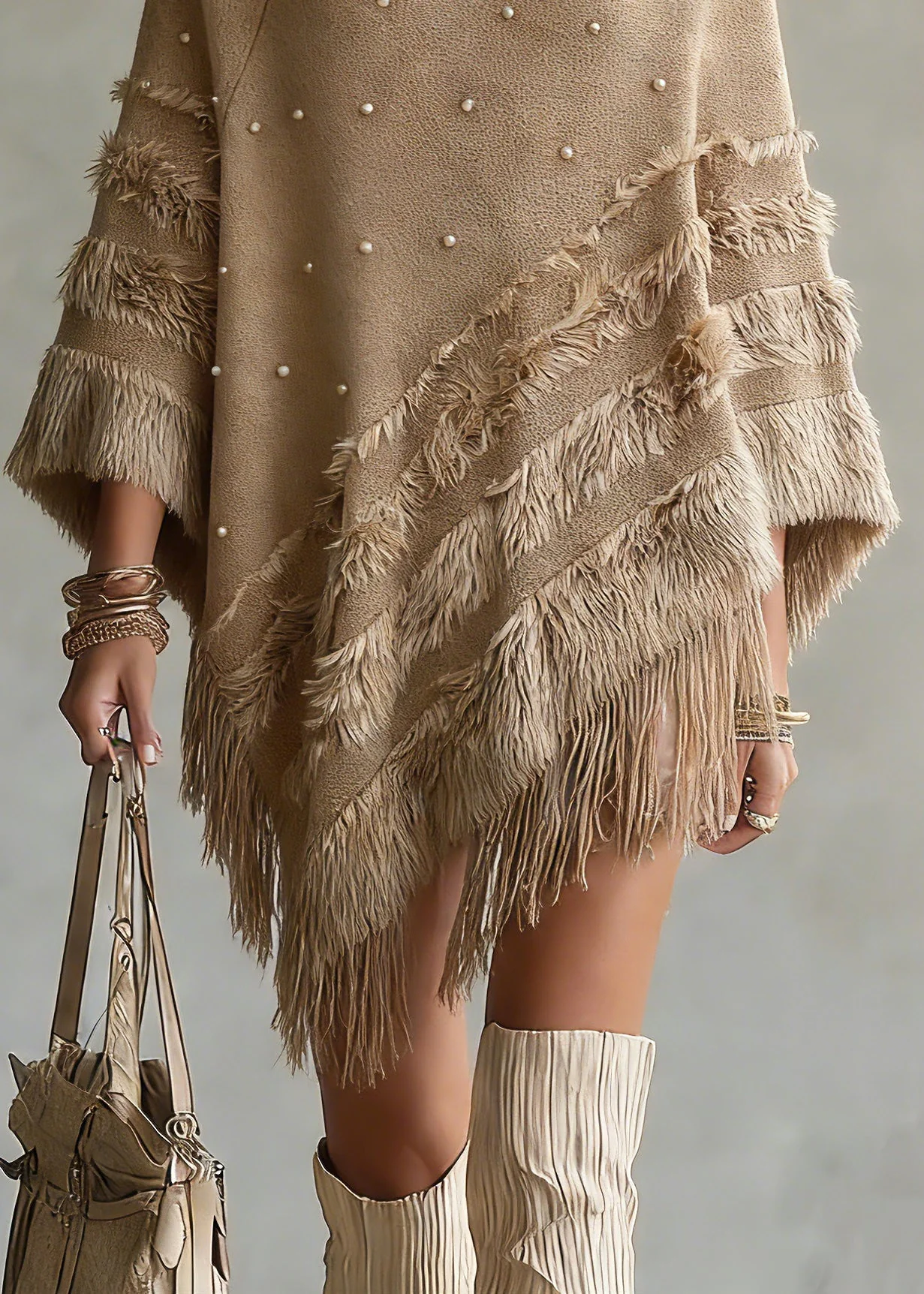 Classy Khaki Asymmetrical Nail Bead Cotton Knit Sweaters Spring - Image 4