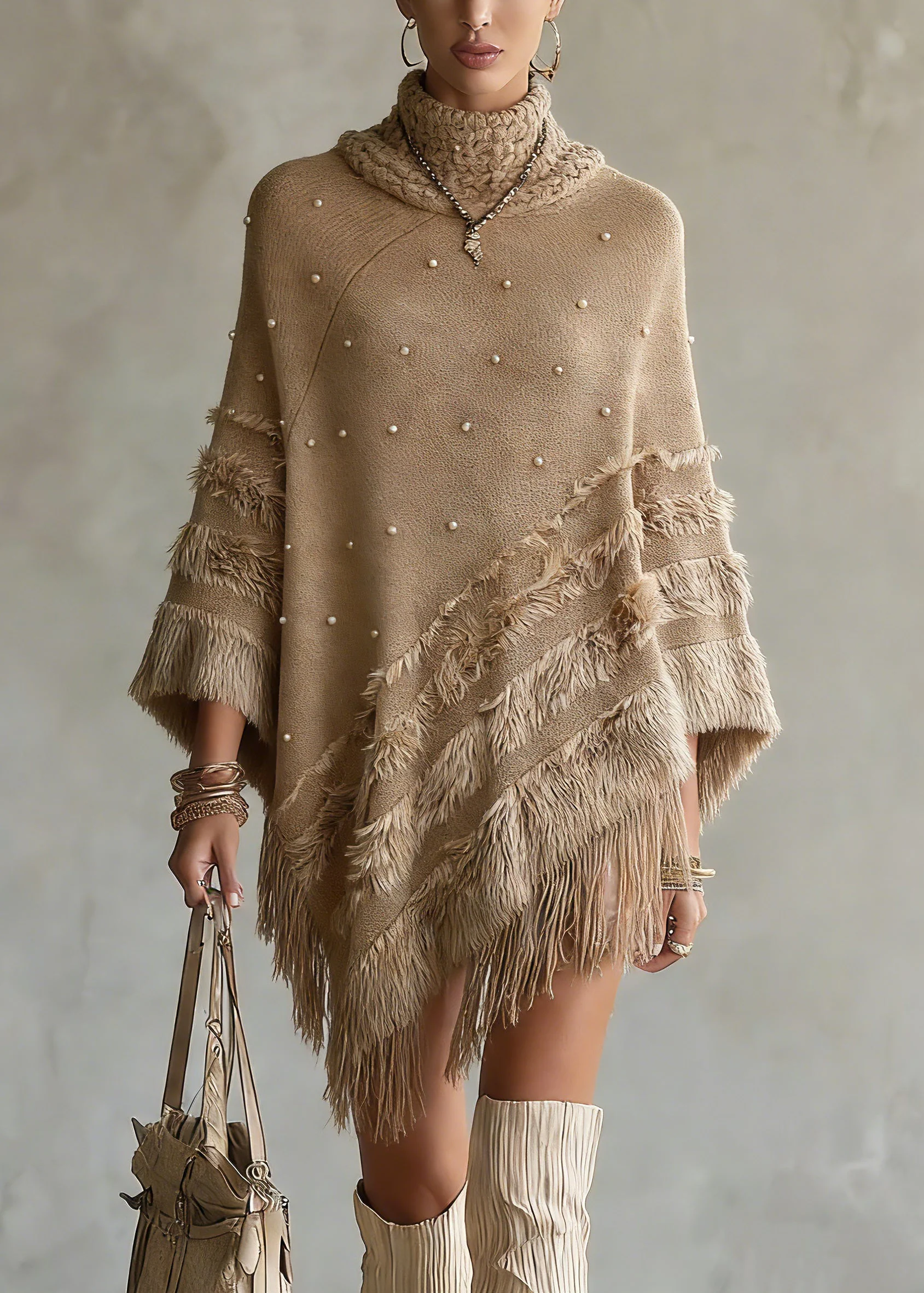 Classy Khaki Asymmetrical Nail Bead Cotton Knit Sweaters Spring - Image 5