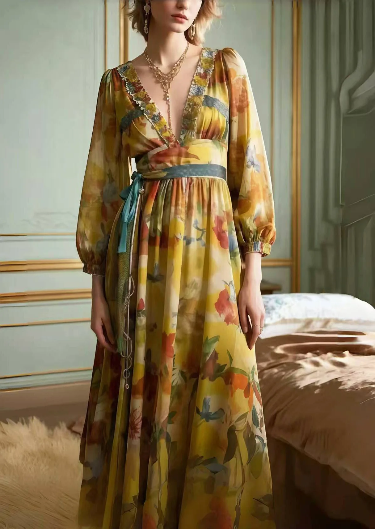 Classy Khaki Cinched Print Chiffon Party Dress Spring - Image 3