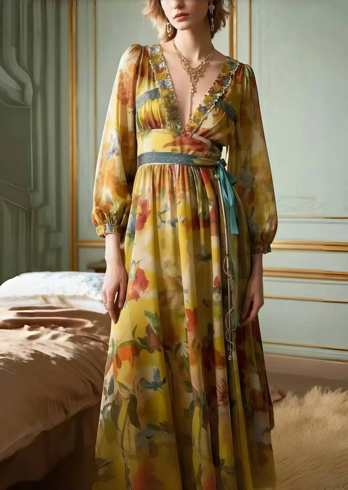 Classy Khaki Cinched Print Chiffon Party Dress Spring - Image 5