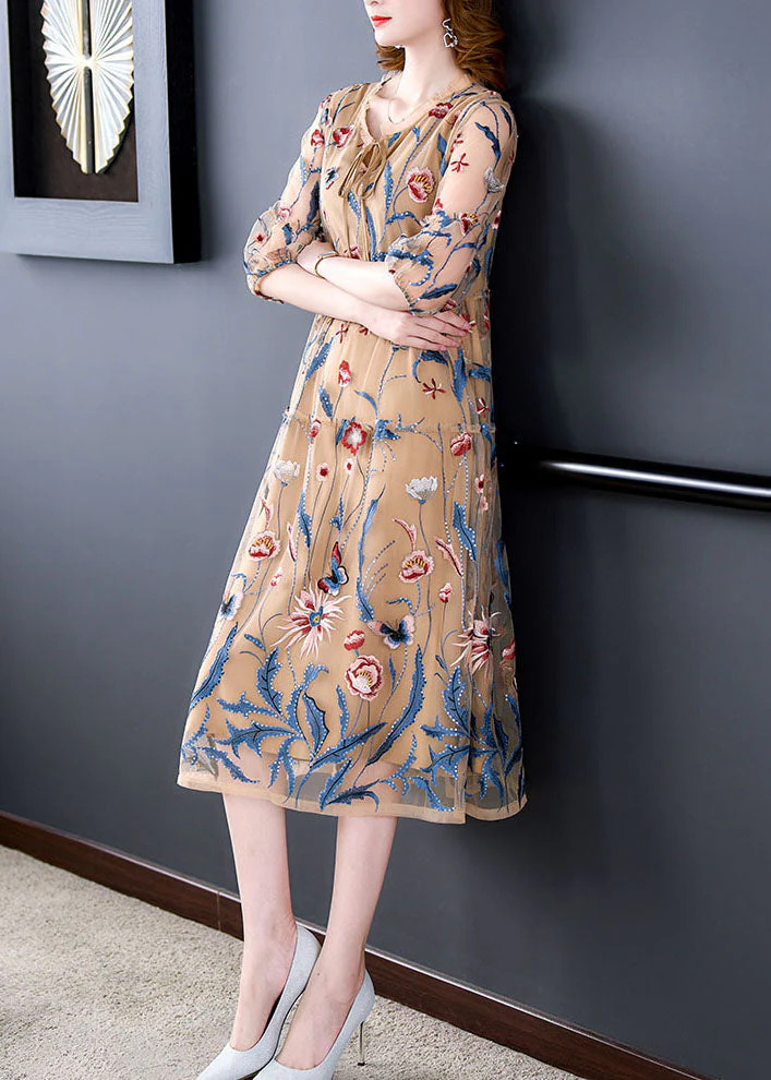 Classy Khaki Print Wrinkled Lace Up Patchwork Silk Dresses Summer - Image 5
