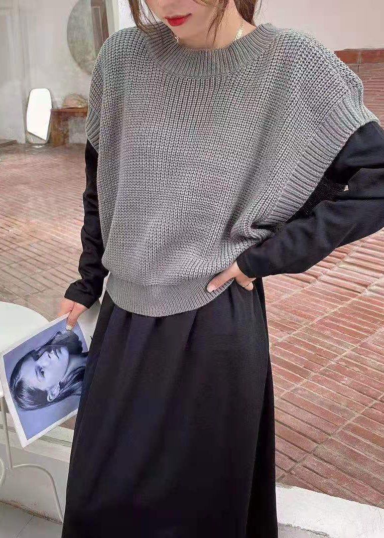 Classy Khaki Knit Vest And O-Neck Long Dresses Cotton Two Piece Set Spring - Image 4