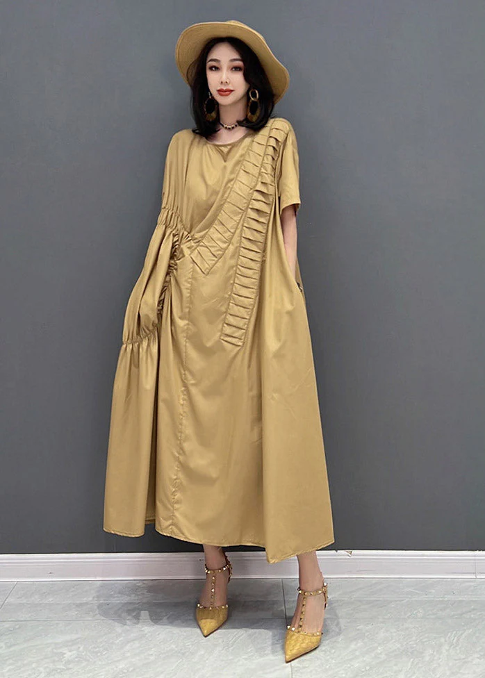 Classy Khaki O-Neck Asymmetrical Wrinkled Pockets Long Dresses Short Sleeve - Image 2