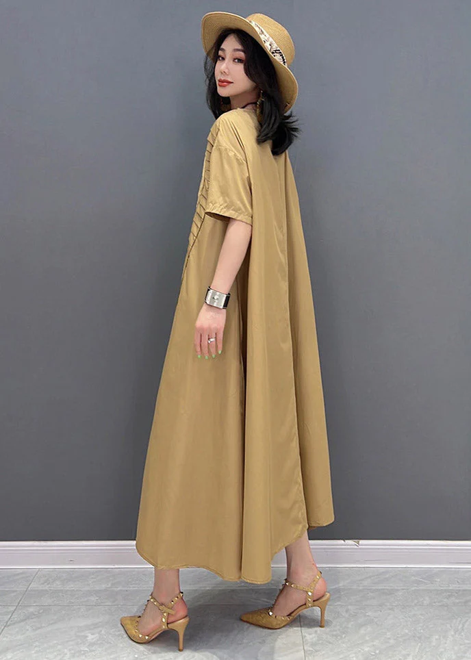 Classy Khaki O-Neck Asymmetrical Wrinkled Pockets Long Dresses Short Sleeve - Image 4