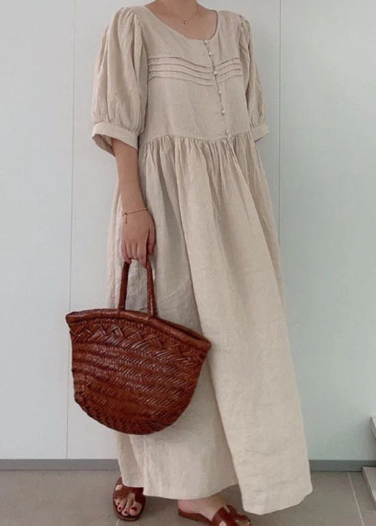 Classy Khaki O Neck Patchwork Wrinkled Linen Dress Summer - Image 2