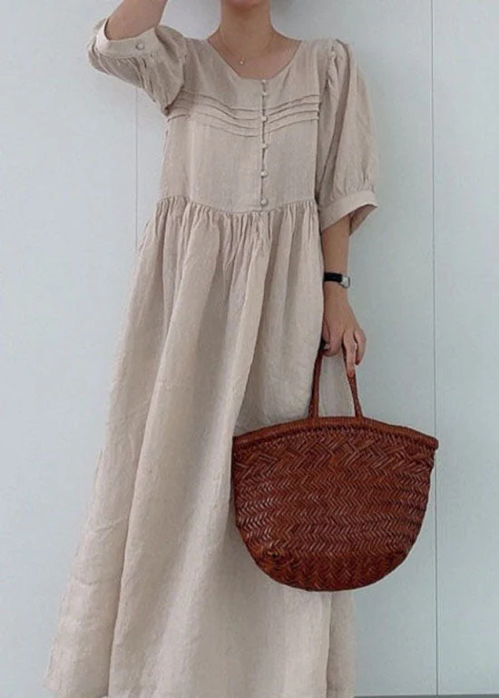 Classy Khaki O Neck Patchwork Wrinkled Linen Dress Summer - Image 3