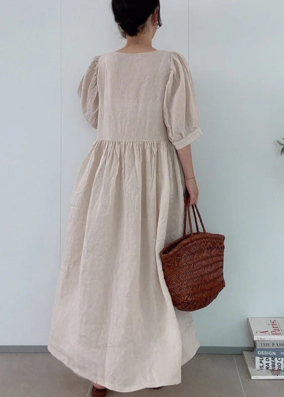 Classy Khaki O Neck Patchwork Wrinkled Linen Dress Summer - Image 4