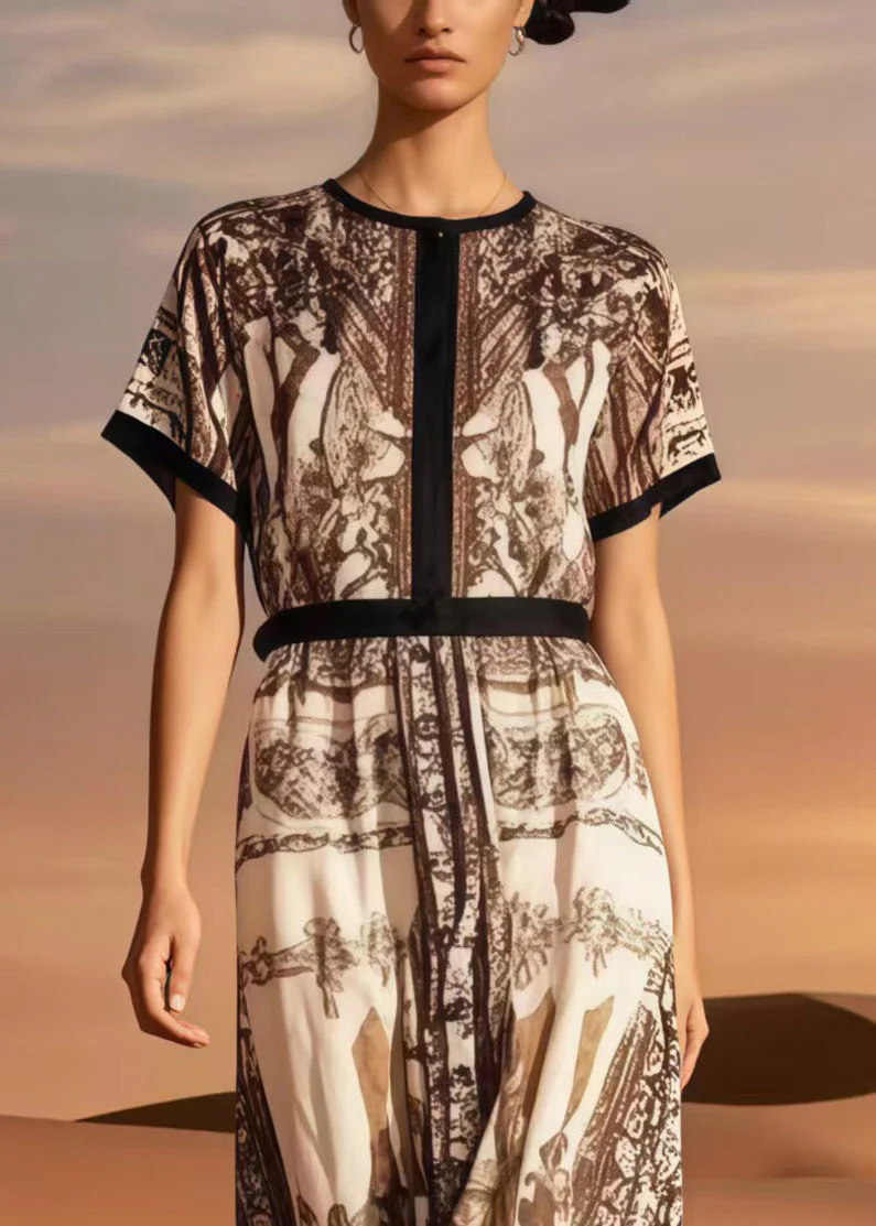 Classy Khaki O-Neck Print Cotton Maxi Dress Summer - Image 2