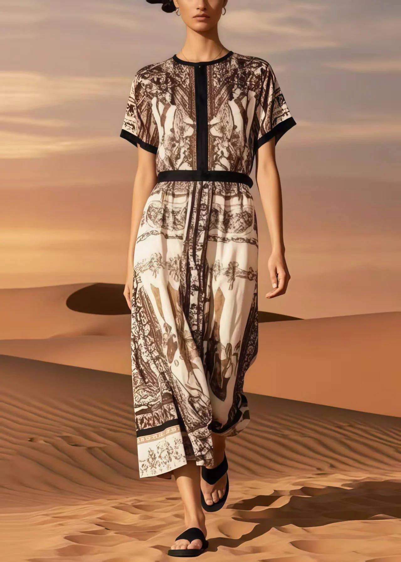 Classy Khaki O-Neck Print Cotton Maxi Dress Summer - Image 3