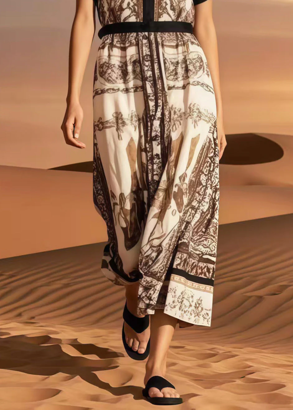 Classy Khaki O-Neck Print Cotton Maxi Dress Summer - Image 4