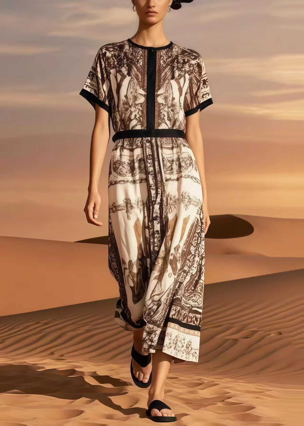 Classy Khaki O-Neck Print Cotton Maxi Dress Summer - Image 5