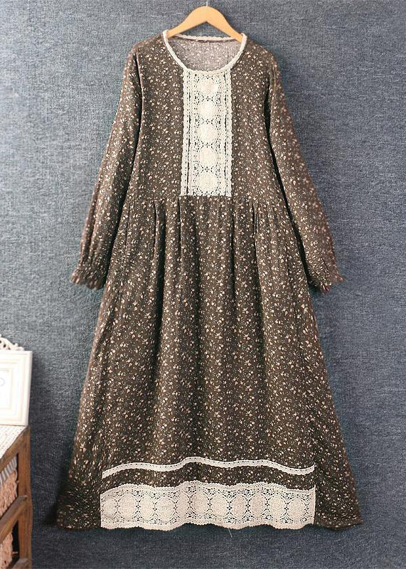 Classy Khaki O Neck Print Lace Patchwork Cotton Long Dress Spring - Image 2