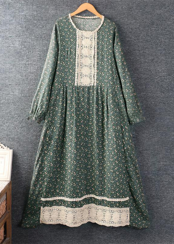Classy Khaki O Neck Print Lace Patchwork Cotton Long Dress Spring - Image 3