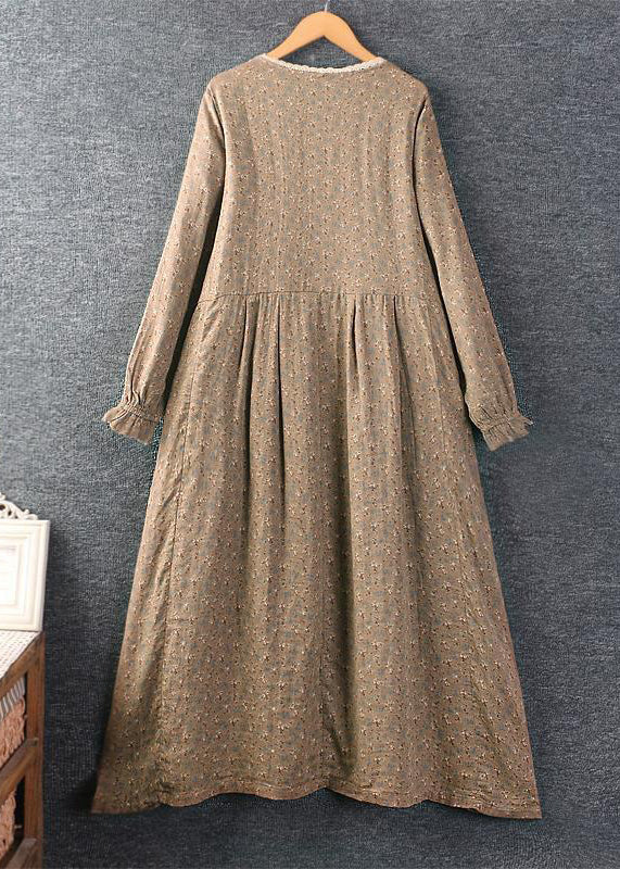 Classy Khaki O Neck Print Lace Patchwork Cotton Long Dress Spring - Image 4