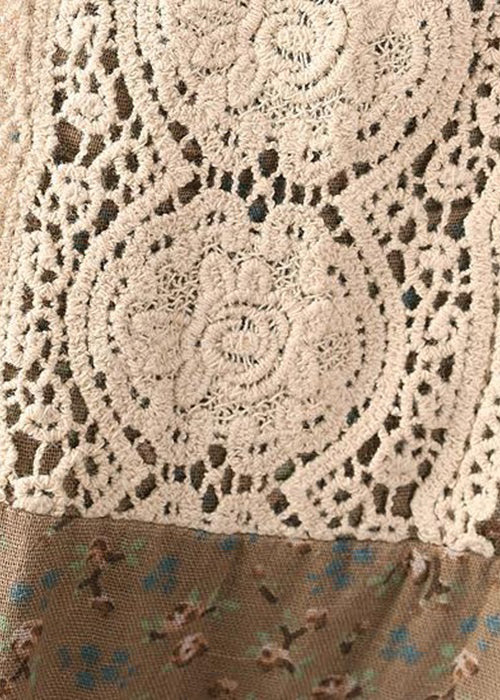 Classy Khaki O Neck Print Lace Patchwork Cotton Long Dress Spring - Image 5