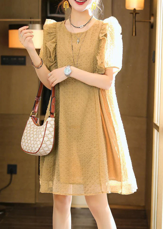 Classy Khaki O-Neck Ruffled Patchwork Chiffon Dresses Summer - Image 3