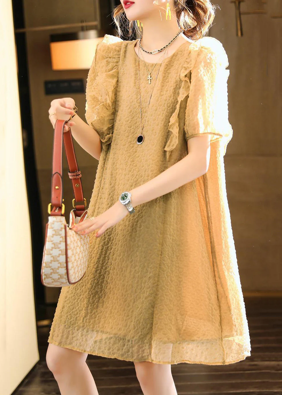 Classy Khaki O-Neck Ruffled Patchwork Chiffon Dresses Summer - Image 4