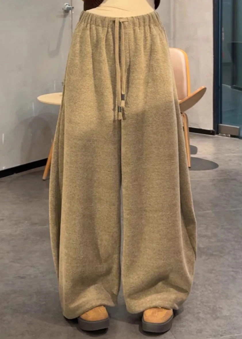 Classy Khaki Oversized Drawstring Cotton Pants Winter - Image 3