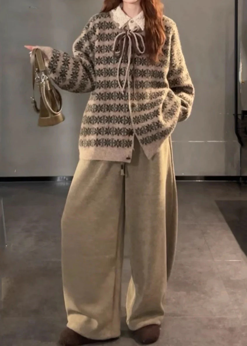Classy Khaki Oversized Drawstring Cotton Pants Winter - Image 5