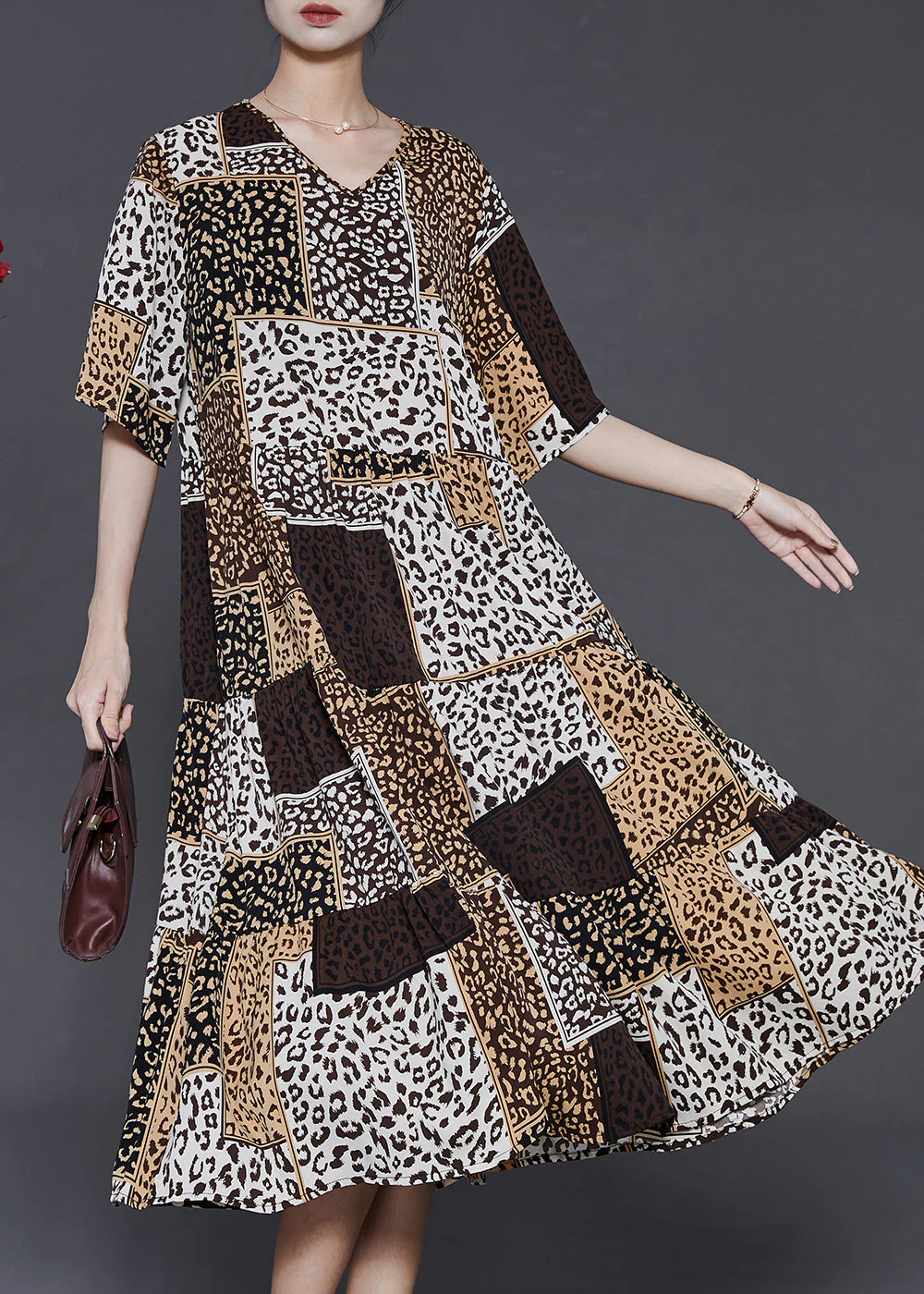 Classy Khaki Oversized Print Chiffon Holiday Dress Summer - Image 2