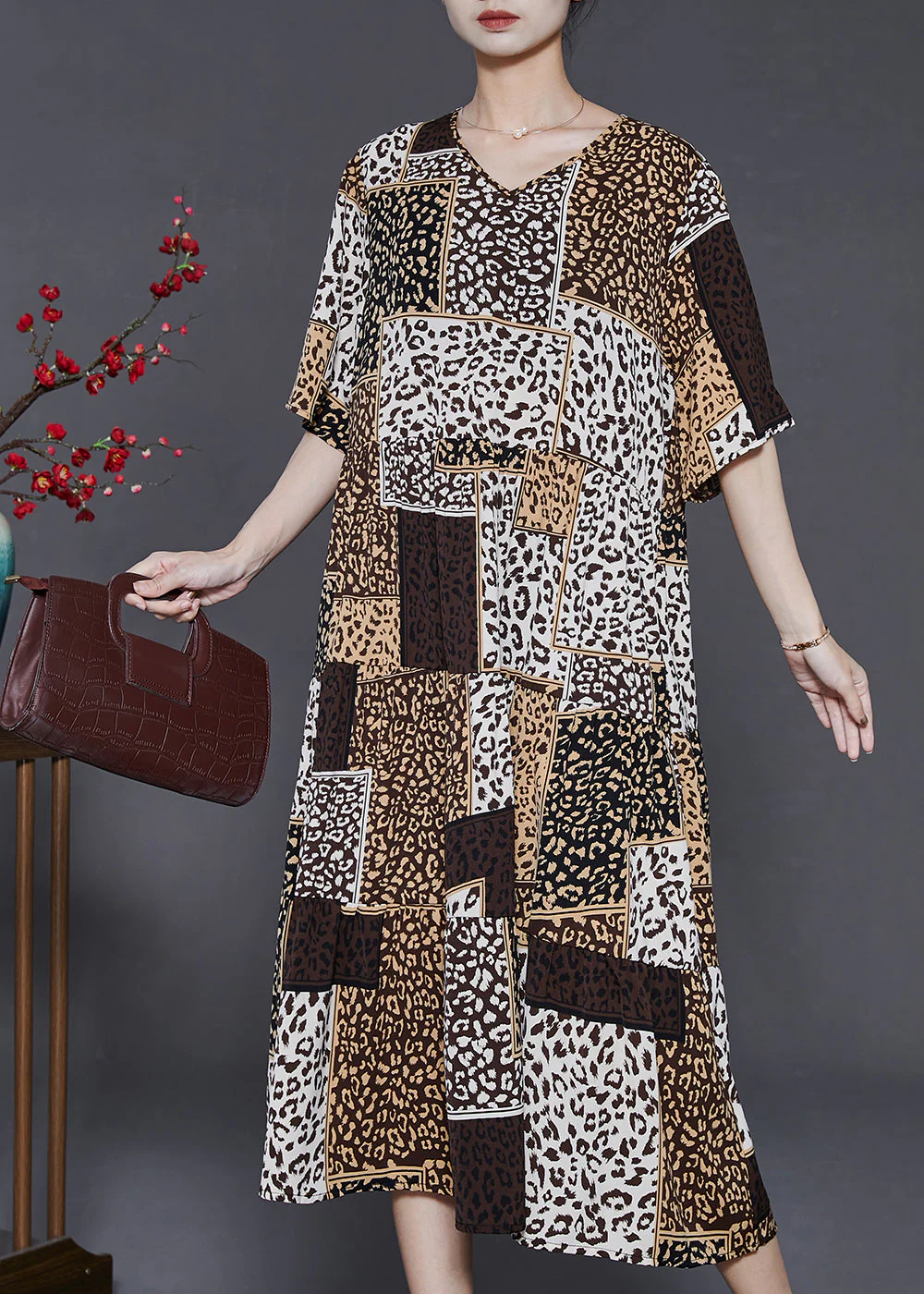 Classy Khaki Oversized Print Chiffon Holiday Dress Summer - Image 3