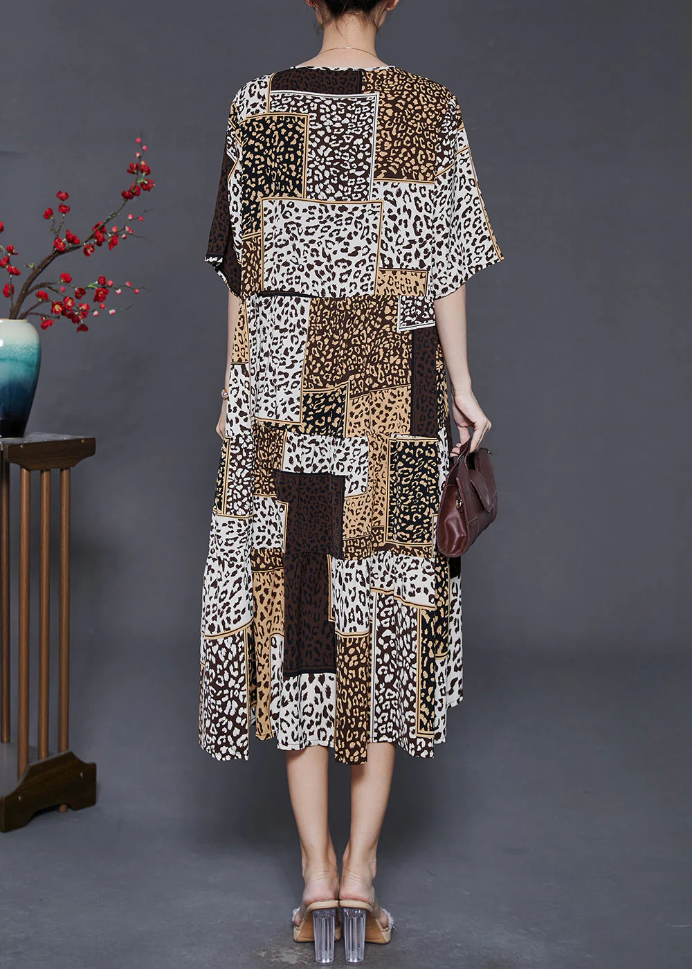 Classy Khaki Oversized Print Chiffon Holiday Dress Summer - Image 4