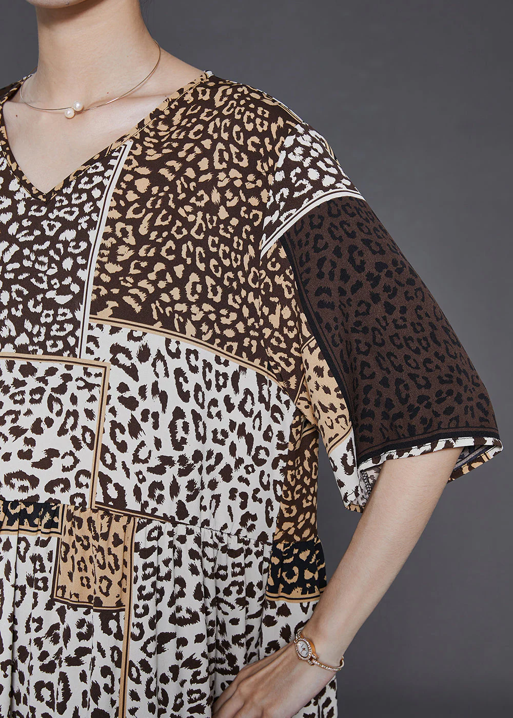 Classy Khaki Oversized Print Chiffon Holiday Dress Summer - Image 5