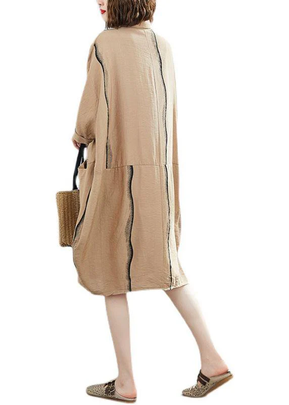 Classy Khaki Patchwork Pockets Summer Half Sleeve Holiday Dress - Image 4