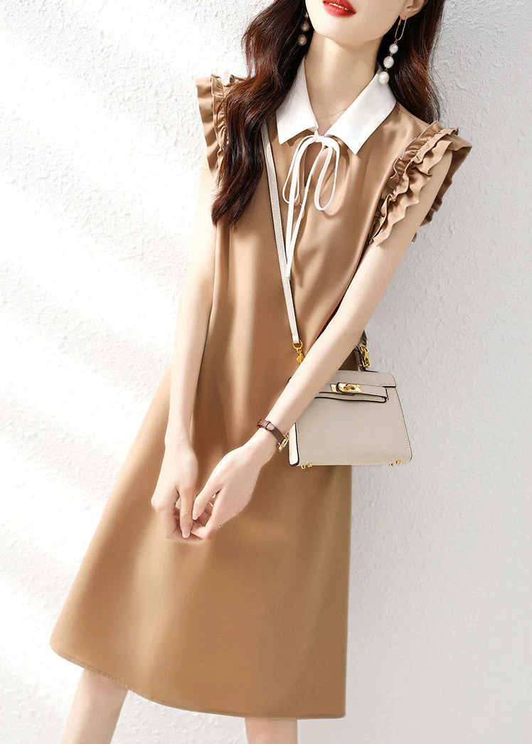 Classy Khaki Ruffled Lace Up Patchwork Spandex Dresses Summer - Image 3