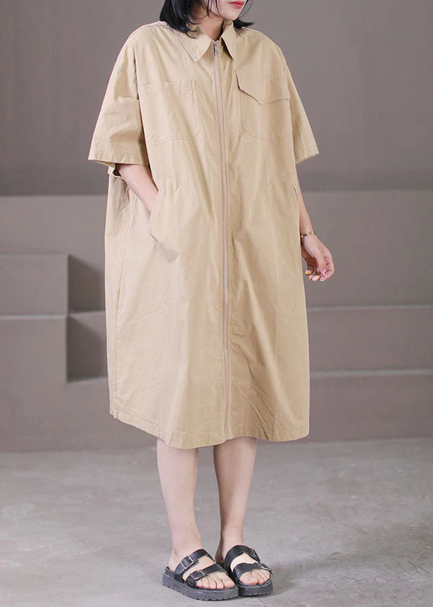 Classy Khaki Turn-down Collar Zip Up Pockets Cotton A Line Dress Summer - Image 2