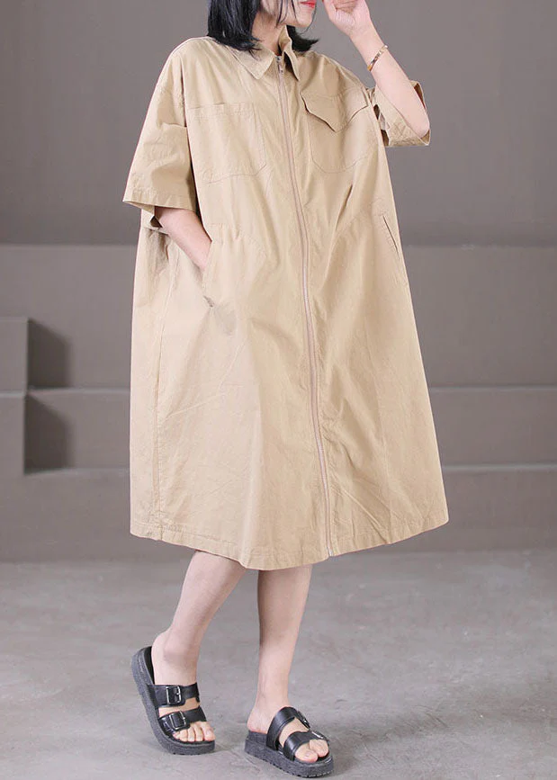 Classy Khaki Turn-down Collar Zip Up Pockets Cotton A Line Dress Summer - Image 3