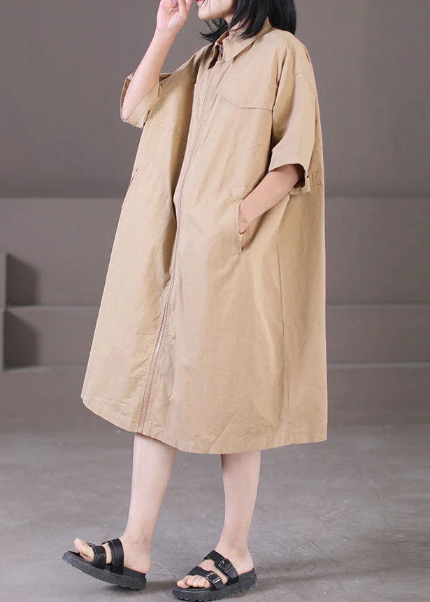 Classy Khaki Turn-down Collar Zip Up Pockets Cotton A Line Dress Summer - Image 4