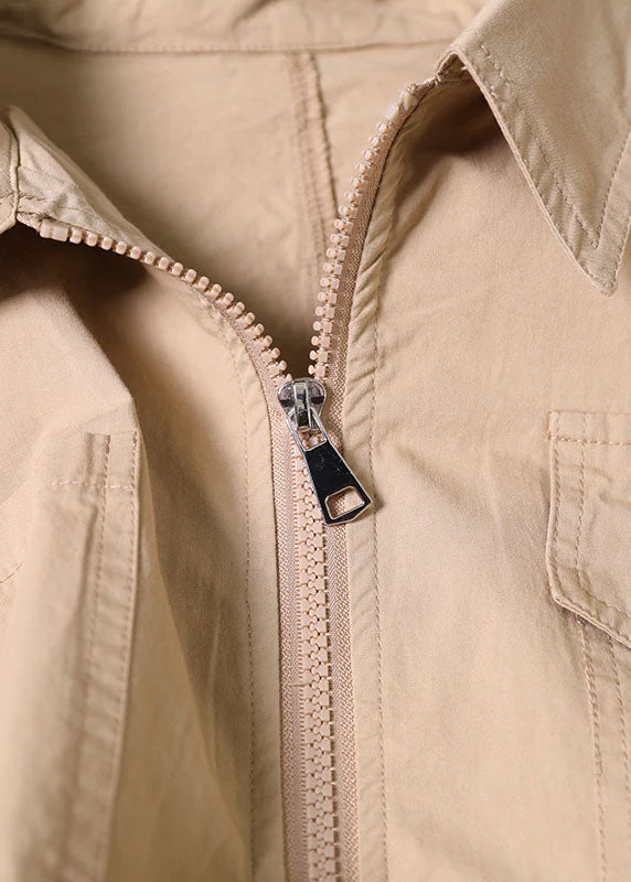 Classy Khaki Turn-down Collar Zip Up Pockets Cotton A Line Dress Summer - Image 5