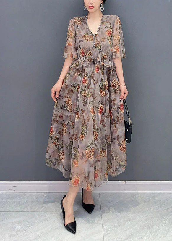 Classy Khaki V Neck Ruffles Print Chiffon Beach Dress Summer - Image 2