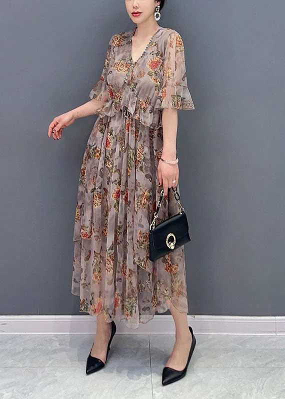 Classy Khaki V Neck Ruffles Print Chiffon Beach Dress Summer - Image 3