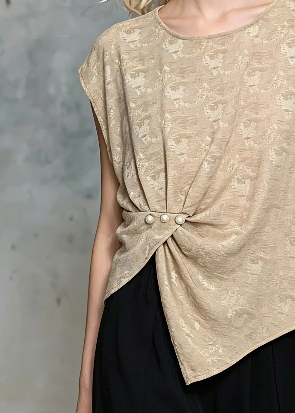 Classy Khaki Wrinkled Nail Bead Tops Short Sleeve - Image 4