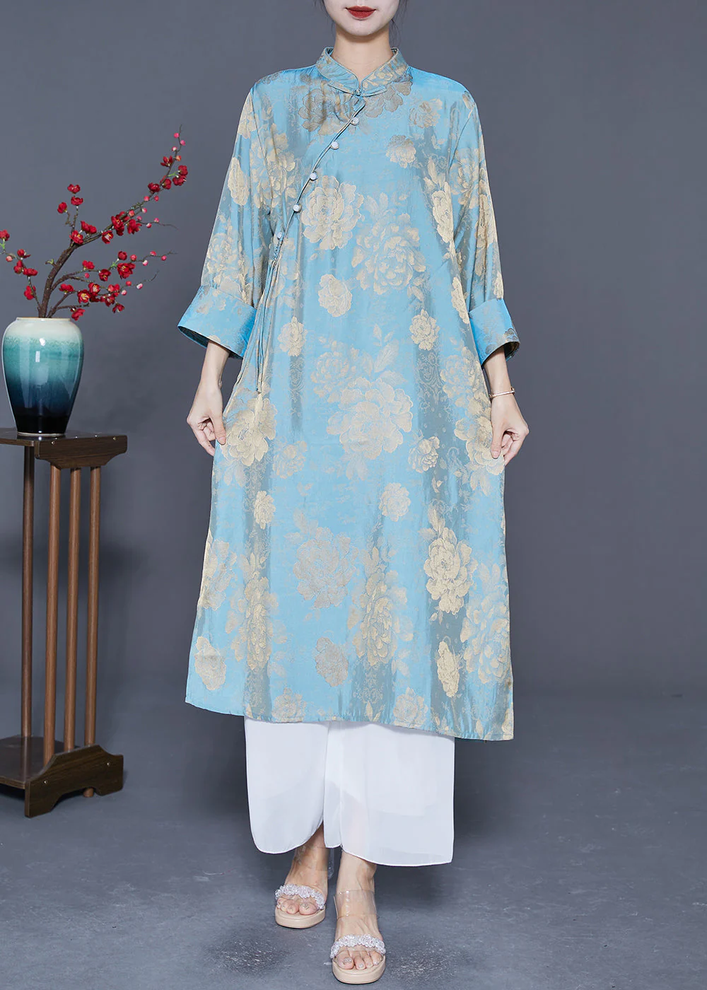 Classy Light Blue Mandarin Collar Print Tassel Silk Dresses Bracelet Sleeve - Image 2