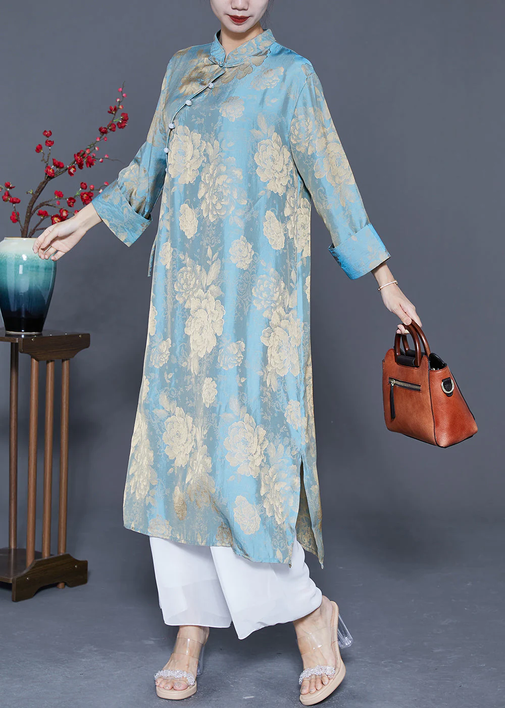 Classy Light Blue Mandarin Collar Print Tassel Silk Dresses Bracelet Sleeve - Image 3