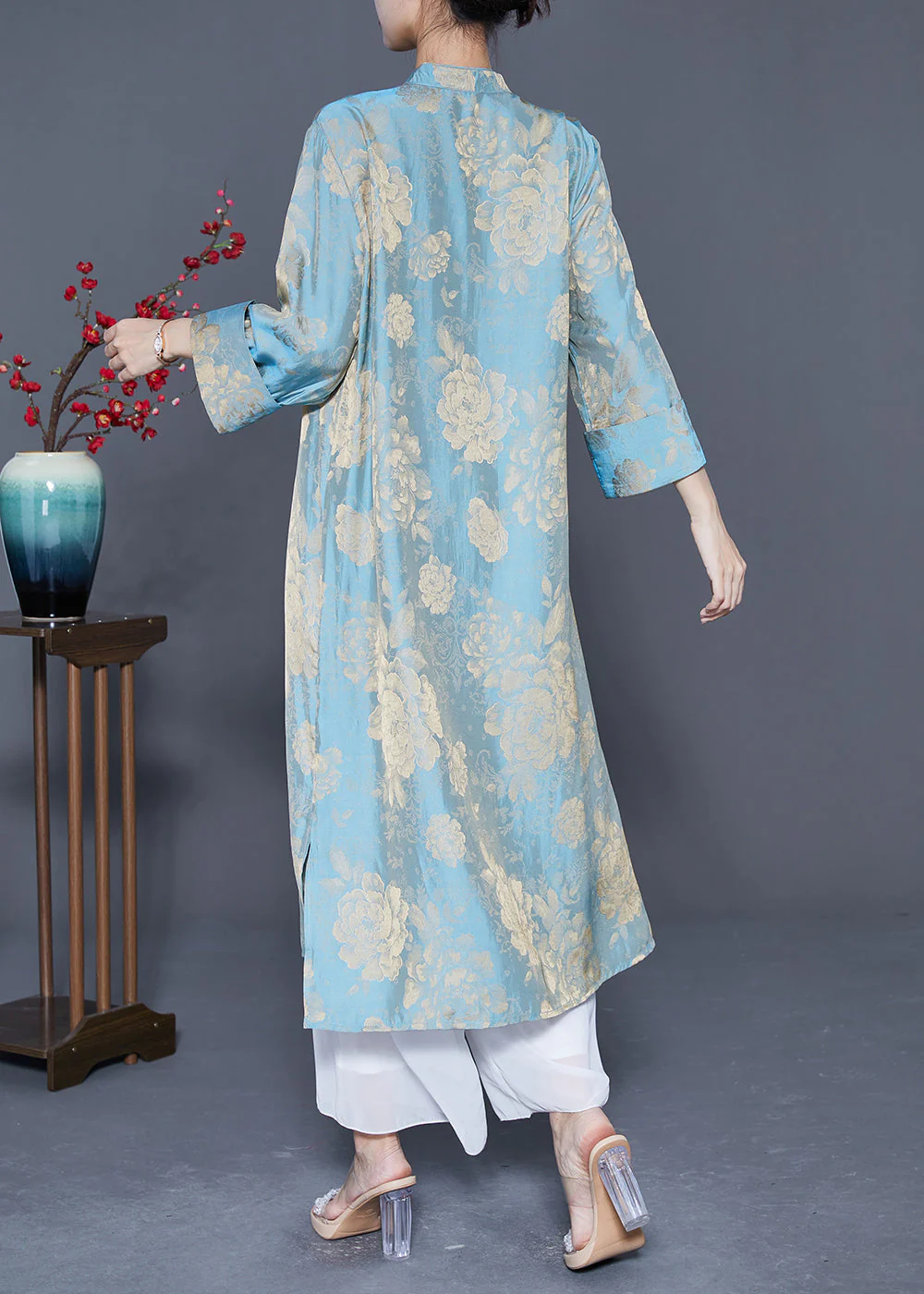 Classy Light Blue Mandarin Collar Print Tassel Silk Dresses Bracelet Sleeve - Image 4