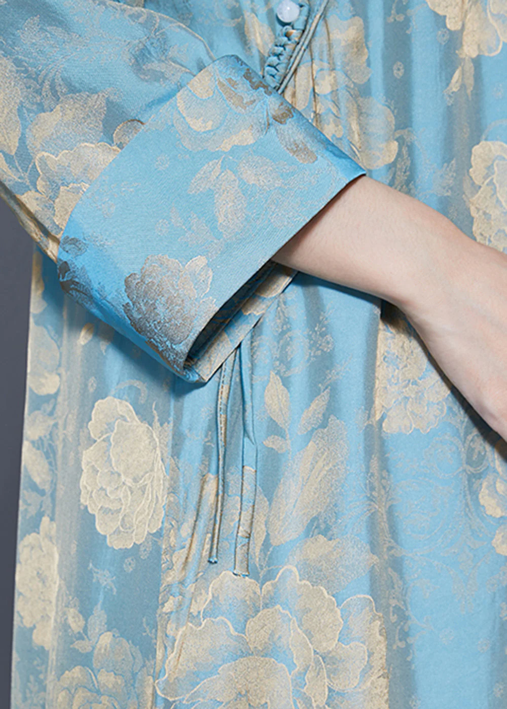 Classy Light Blue Mandarin Collar Print Tassel Silk Dresses Bracelet Sleeve - Image 5