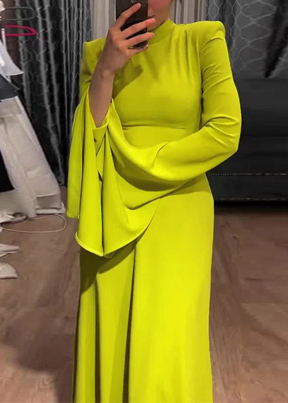 Classy Light Green Stand Collar High Waist Long Vestidos Flare Sleeve - Image 3