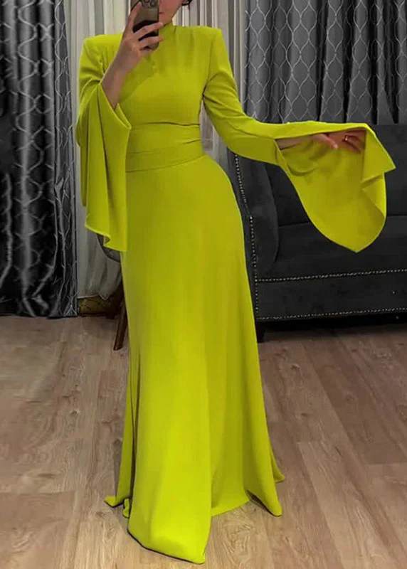 Classy Light Green Stand Collar High Waist Long Vestidos Flare Sleeve - Image 4