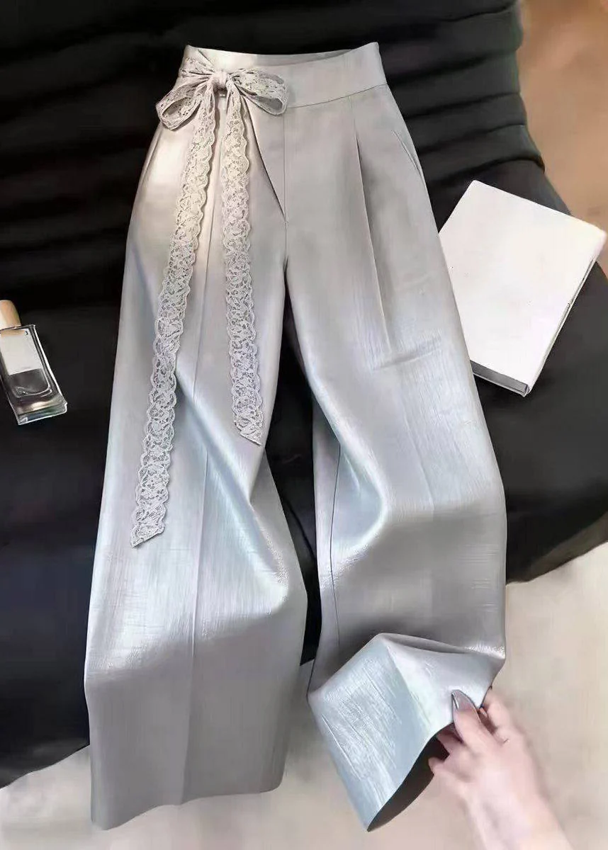 Classy Light Grey Lace Tie Waist Wide Leg Pants Summer - Image 3