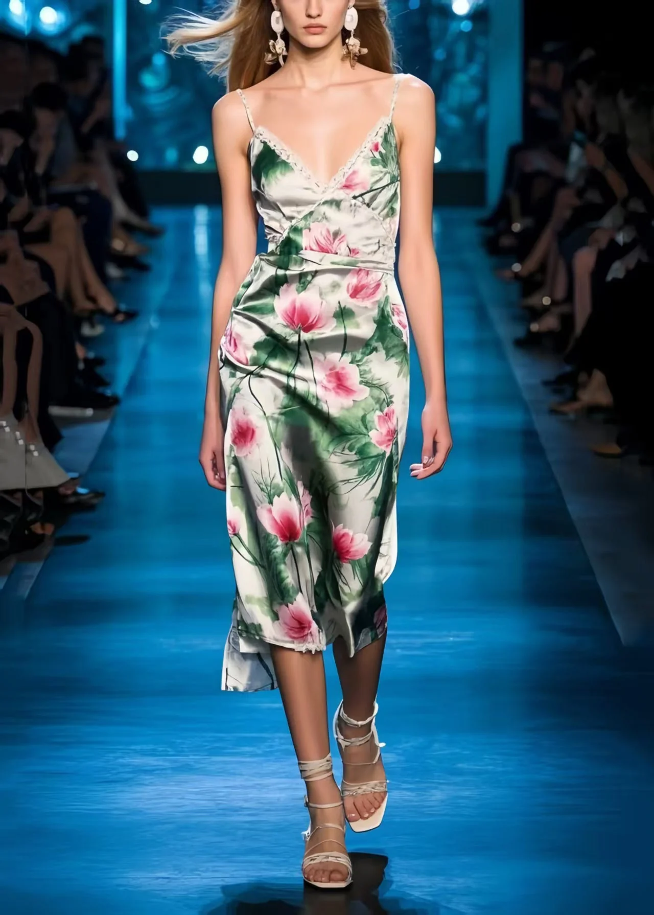 Classy Lotus Flower Print Silm Fit Spaghetti Strap Dress Summer - Image 3