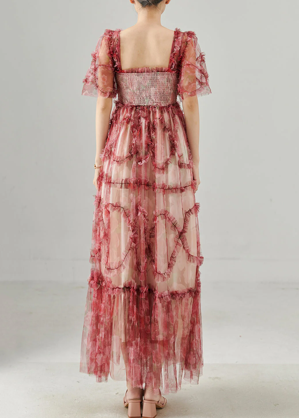 Classy Mulberry Ruffled Patchwork Tulle Ankle Dress Summer - Image 4