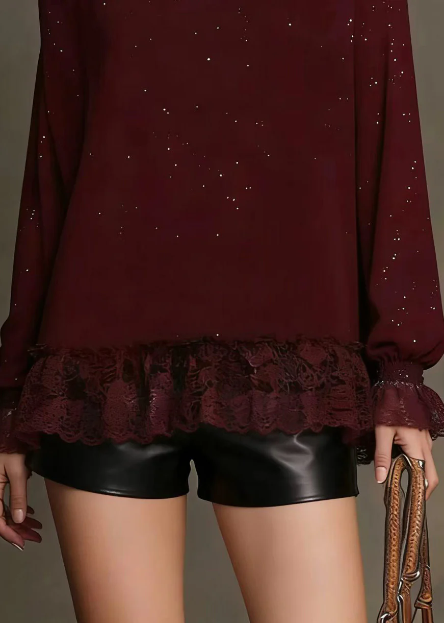 Classy Mulberry Sequins Patchwork Lace Knit Top Spring - Image 4