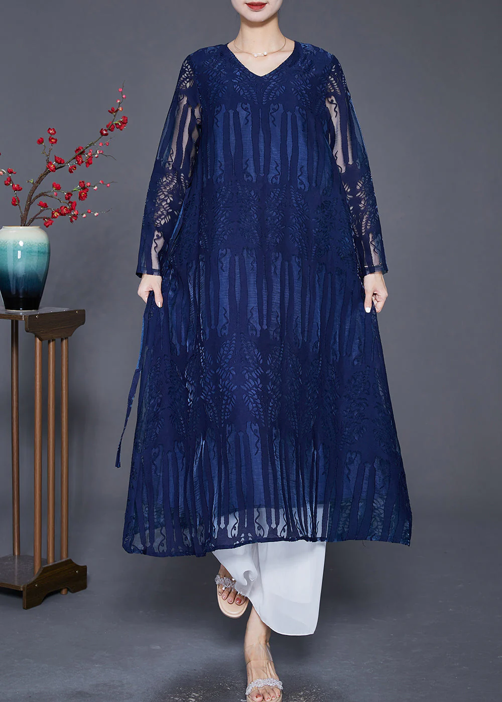 Classy Navy Hollow Out Tie Waist Lace Party Dress Summer - Image 2