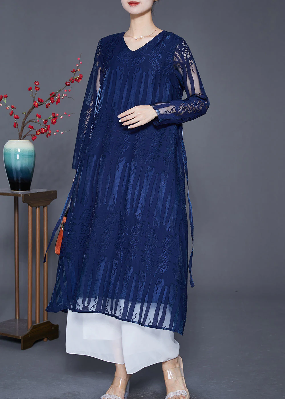Classy Navy Hollow Out Tie Waist Lace Party Dress Summer - Image 3